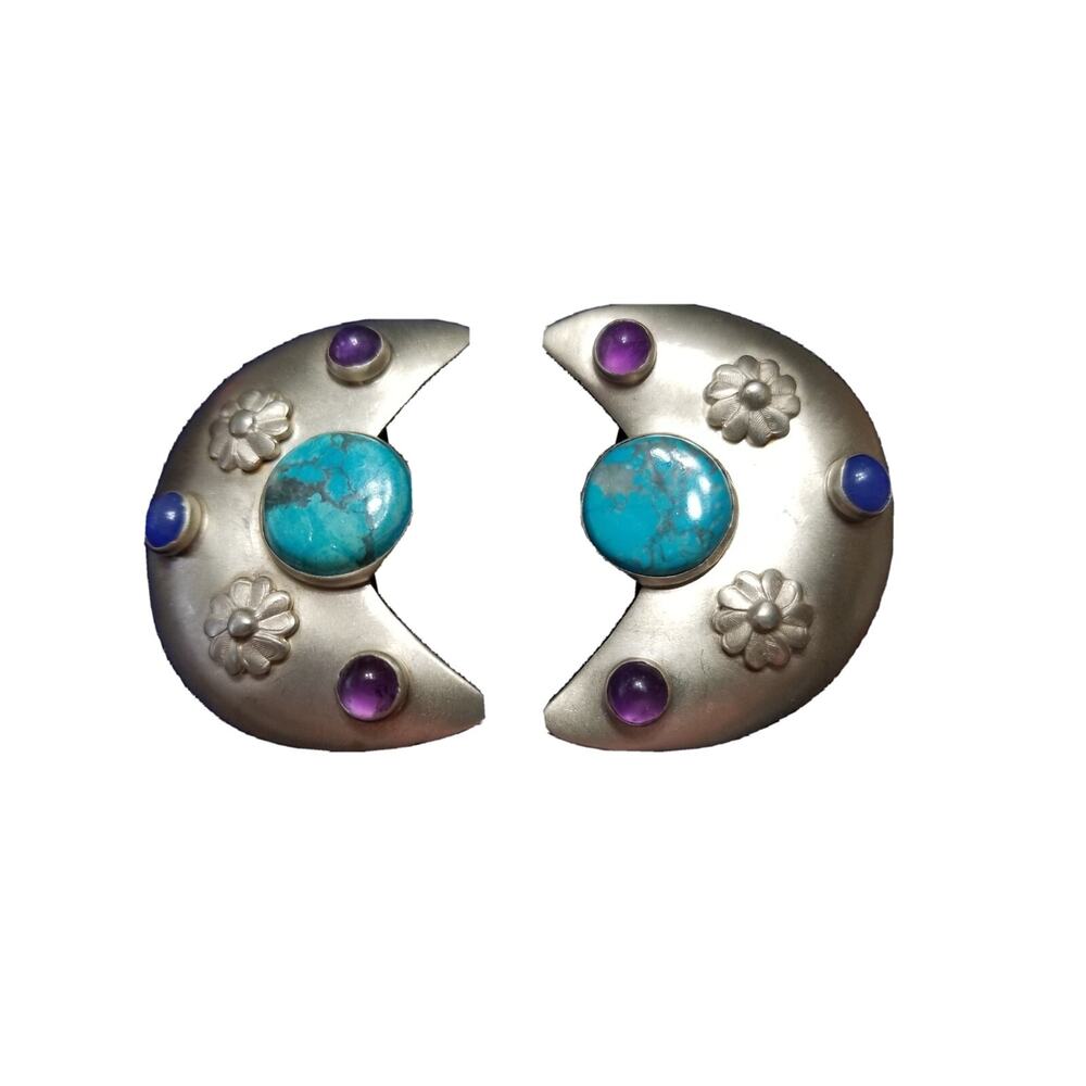Vintage TULLA BOOTH Sterling silver & turquoise crescent shaped clip earrings
